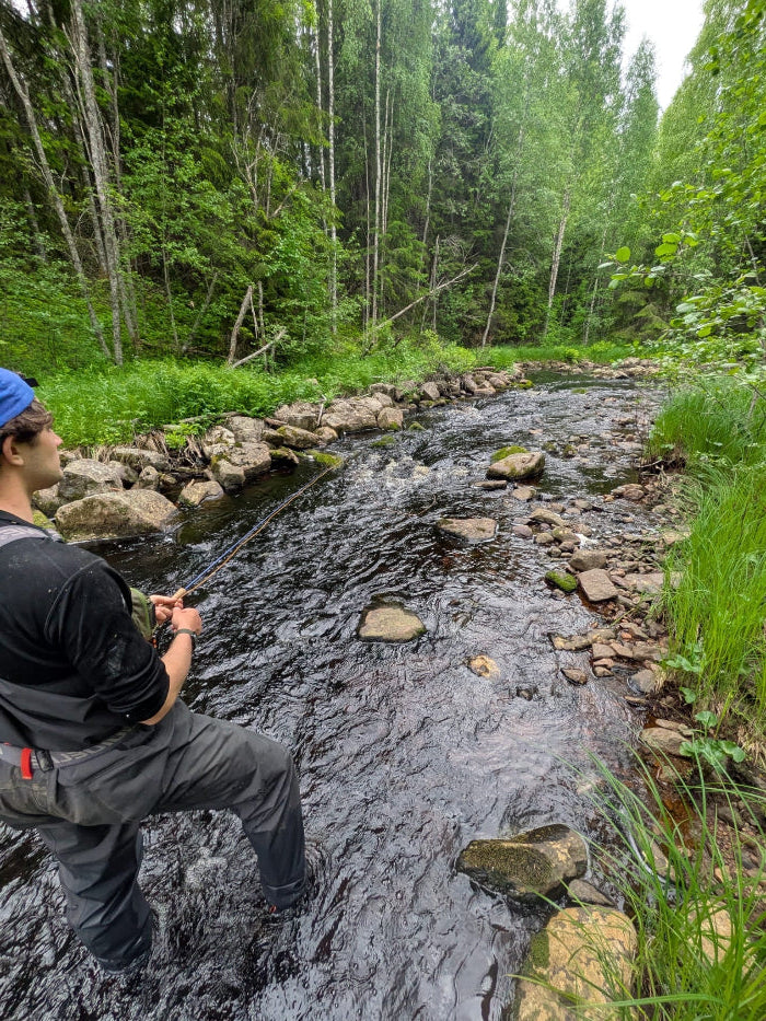 Person fly fishing by a stream in a forested area